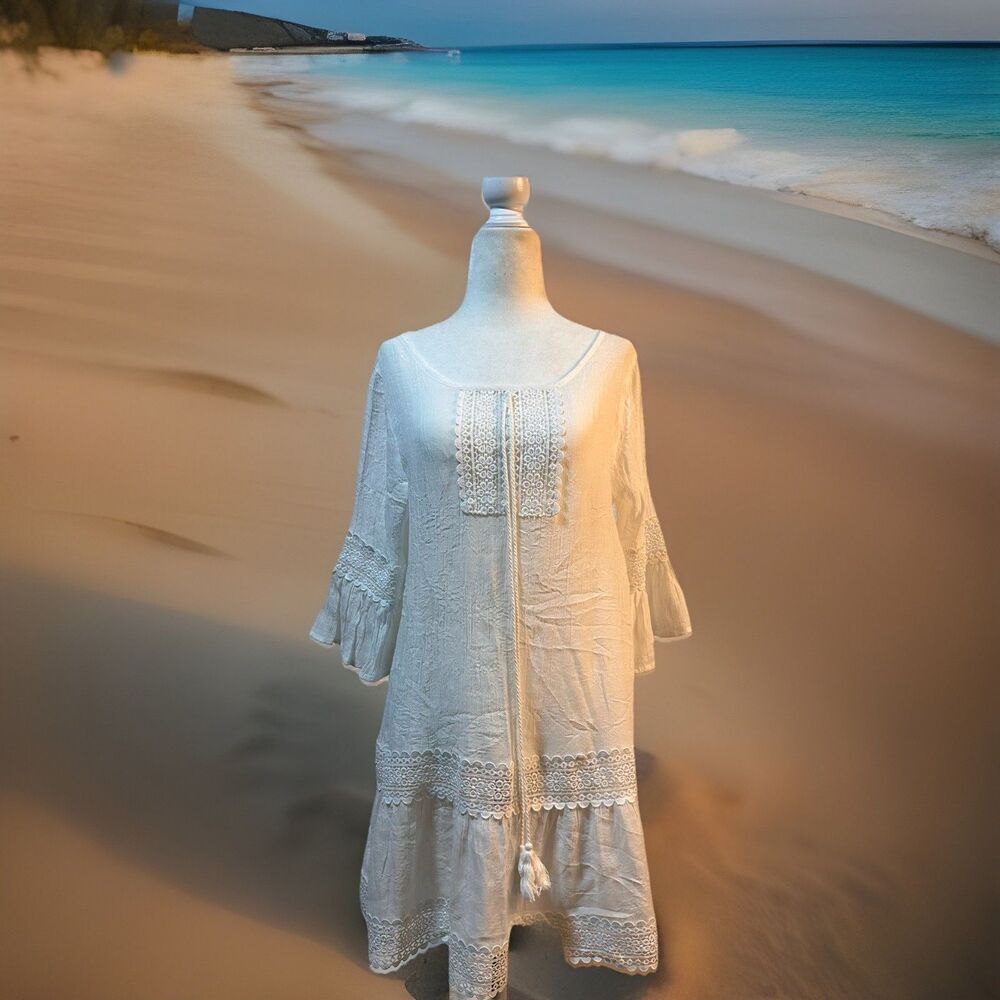 Cupshe White crochet lace coverup boho bell sleeve resort wear One Size